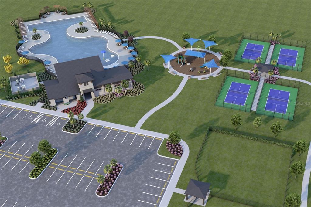 This is a rendering of a community amenity center featuring a pool, playground, and courts — 9255 AURELIA AVENUE, PARRISH, FL