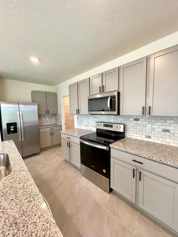 A kitchen features gray cabinets, stainless steel appliances, granite countertops, and a subway tile backsplash — 8358 HARDY BAY LOOP, WESLEY CHAPEL, FL