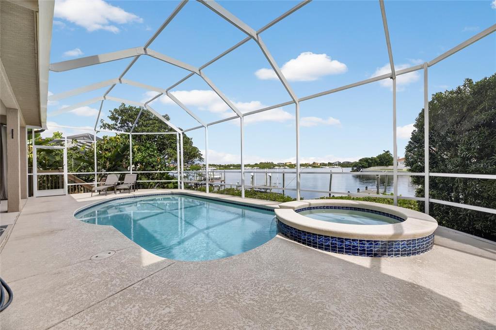 A screened-in pool and spa overlook a waterfront view with a dock — 1231 ACAPPELLA LANE, APOLLO BEACH, FL