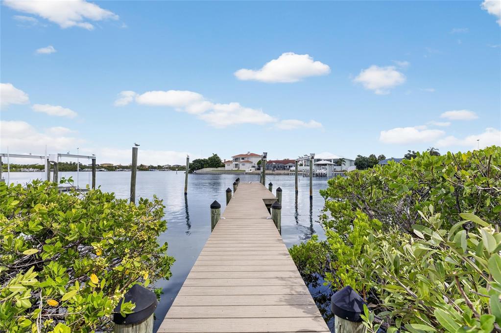 A wooden dock extends over calm water toward houses under a blue sky with clouds — 1231 ACAPPELLA LANE, APOLLO BEACH, FL