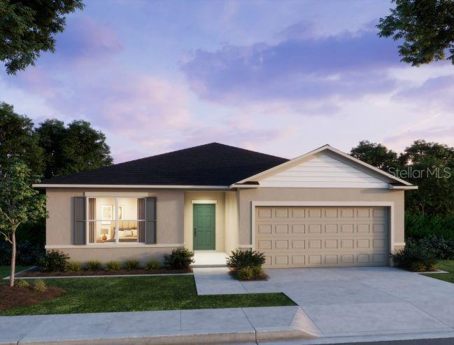 A digital rendering of a single-story suburban house with a teal front door and garage — 620 BROADOAK DRIVE, DUNDEE, FL