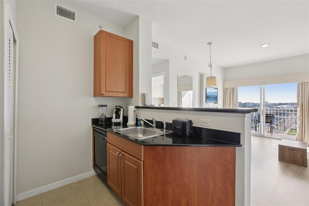 A small kitchen with wood cabinets and black countertops overlooks a living area with balcony — 7395 UNIVERSAL BOULEVARD UNIT 905, ORLANDO, FL