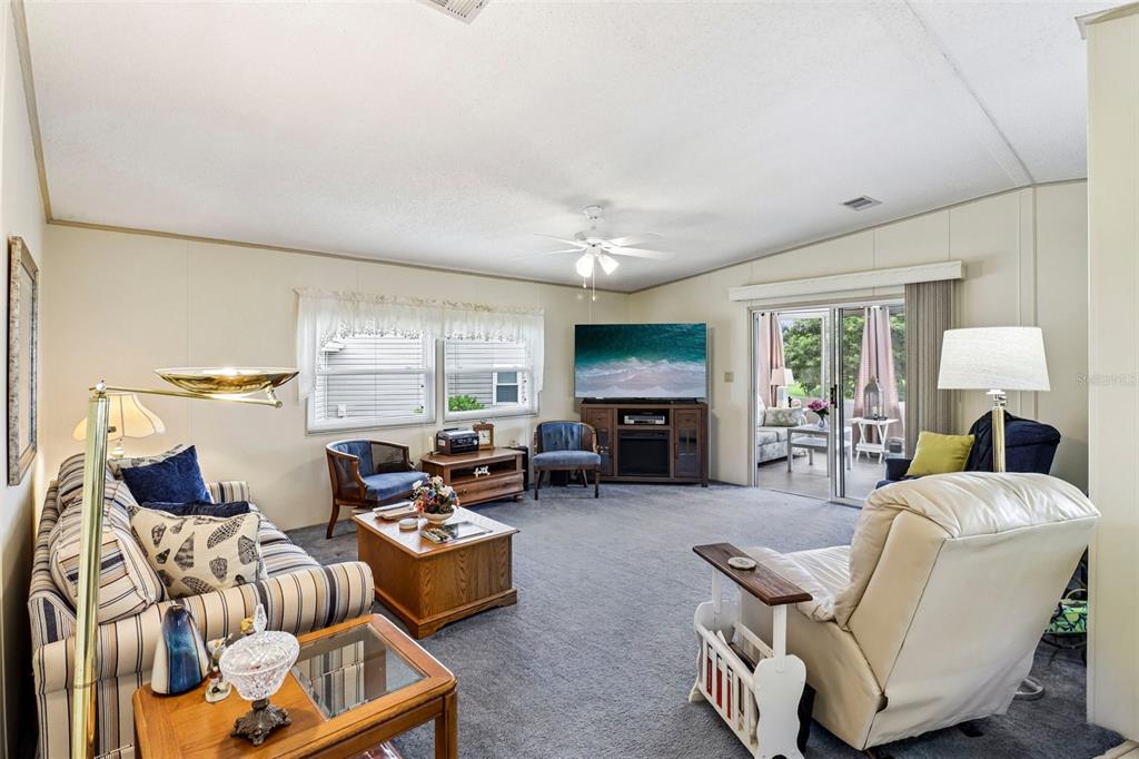 A living room features a striped sofa, a recliner, a television, and a sliding glass door — 25120 CLIFFORD HILL, LEESBURG, FL