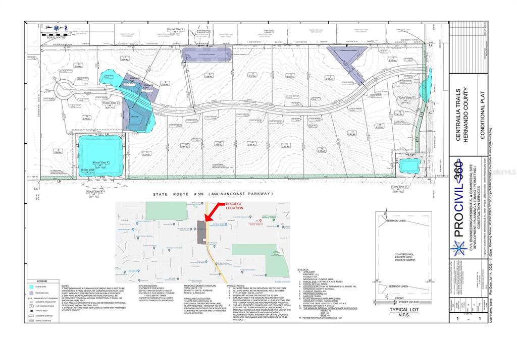 This is a site plan rendering for a proposed residential development project in Hernando County — 0 CENTRALIA (LOT 6) ROAD, BROOKSVILLE, FL