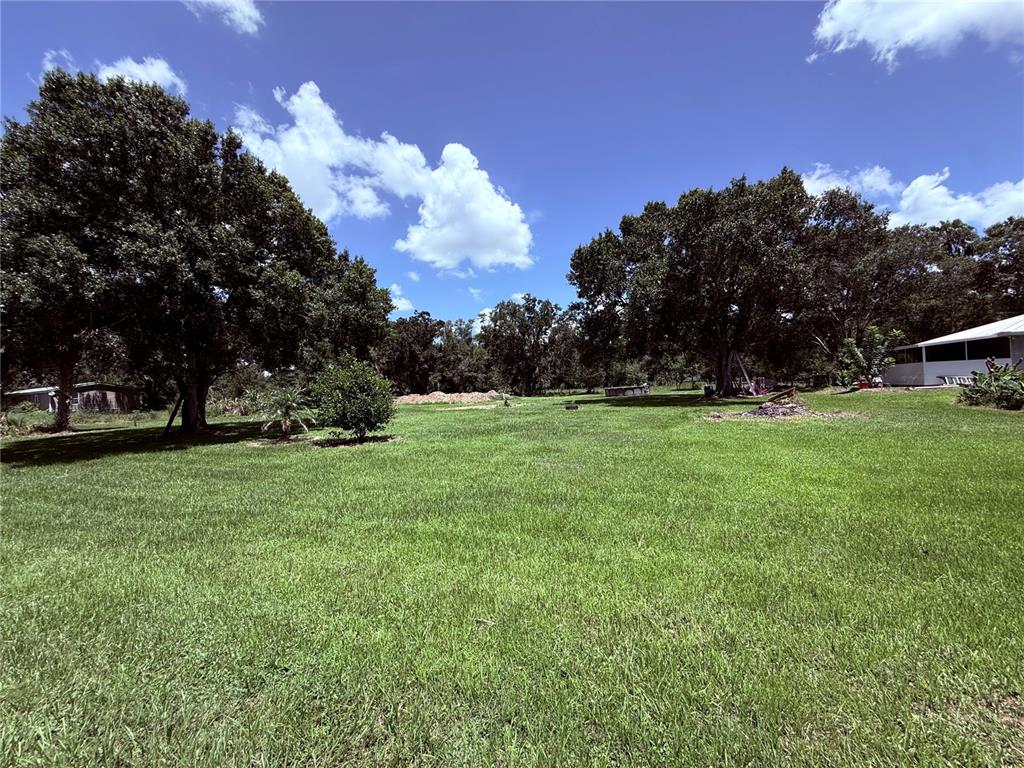 A large, grassy backyard features several mature trees and a small structure in the distance — 2015 NW 46TH AVENUE, OKEECHOBEE, FL