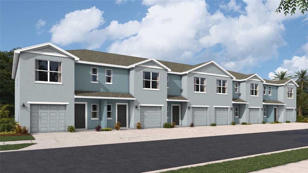 This is a rendering of a row of multi-story townhomes with light blue stucco exteriors — 4017 MILLER POINTE COURT, BRADENTON, FL