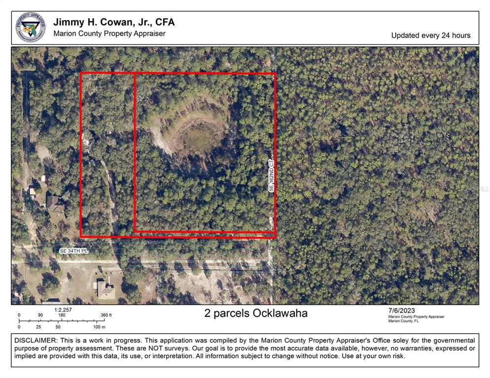 This is a property appraiser map showing two adjacent wooded parcels in Ocklawaha, Florida — 16137 SE 34TH PLACE, OCKLAWAHA, FL