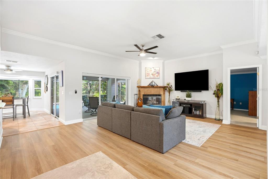 A single-story house with tan horizontal siding, a paved driveway, and a front porch — 4733 LAKE VALENCIA BOULEVARD W, PALM HARBOR, FL