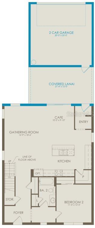 This floor plan shows a ground level with a garage, lanai, kitchen, and two bedrooms — 10734 LEAFY LAUREL STREET, ORLANDO, FL
