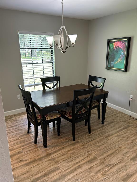 A dining room features a dark wood table, four chairs, a chandelier, and a framed painting — 13236 MOLITOR COURT, HUDSON, FL
