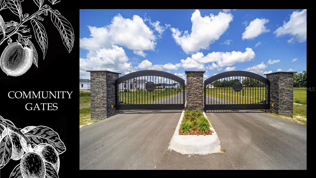 A gated entrance features two black metal gates flanked by stone pillars on a road — 5535 SW 125TH CIRCLE, ARCHER, FL