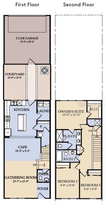 This floor plan shows a two-story home with a garage, courtyard, and three bedrooms — 1151 LEMONGRASS ALLEY, ORLANDO, FL