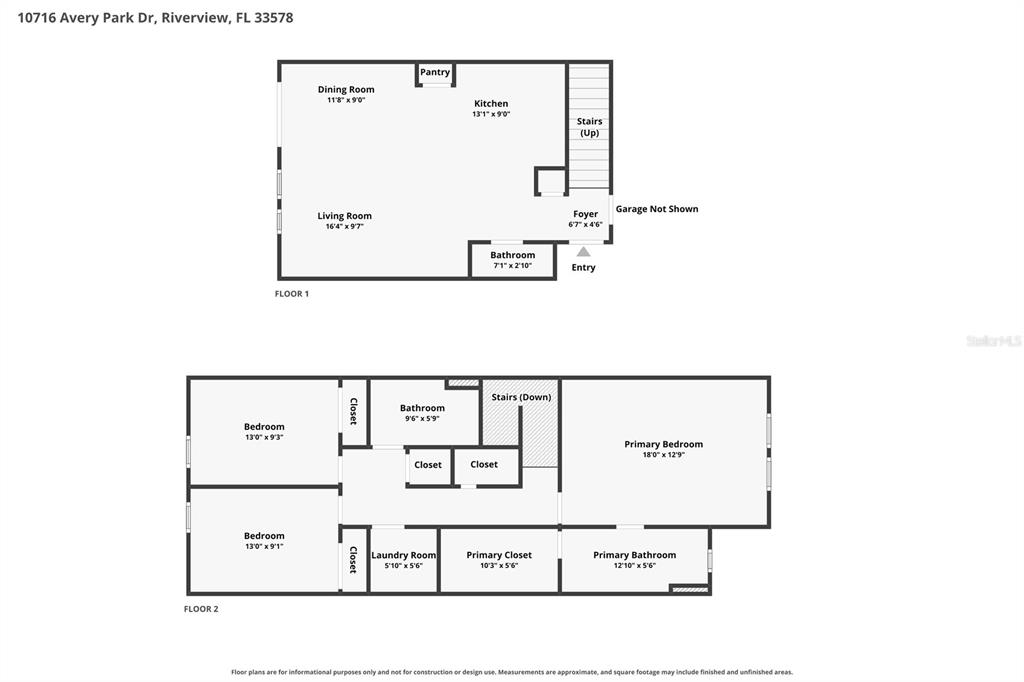 This is a two-story floor plan showing the layout of a residential home — 10716 AVERY PARK DRIVE, RIVERVIEW, FL