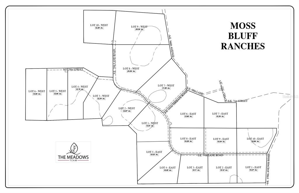This is a land plat map showing the layout and acreage of Moss Bluff Ranches — SE 74TH LANE ROAD UNIT 9-WEST, OCKLAWAHA, FL
