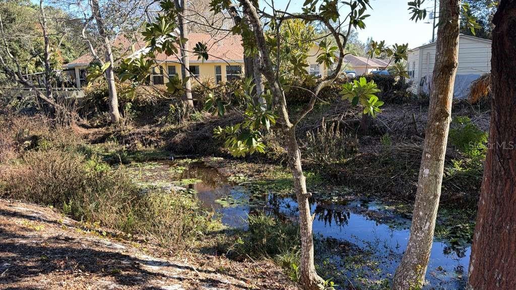 A small, overgrown pond sits in front of a yellow house and a shed — 0 N KRAFT ROAD, AVON PARK, FL