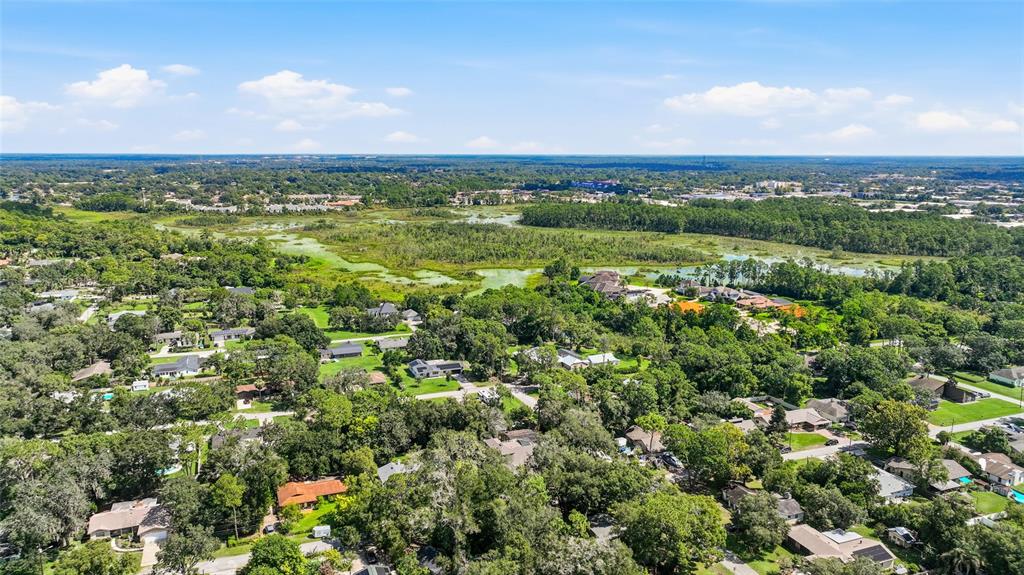 An aerial view shows a residential neighborhood surrounded by dense trees and a large wetland — 1200 ALBERTA STREET, LONGWOOD, FL