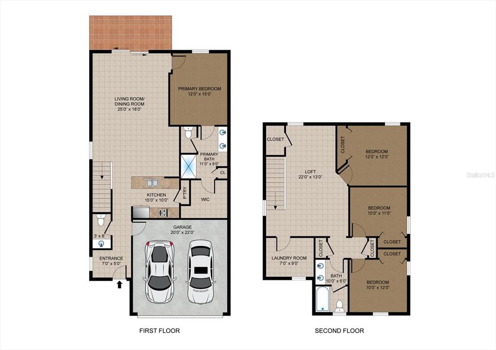 This is a floor plan showing the layout of a two-story house with a garage — 6973 WILSON PASTURE AVENUE, GROVELAND, FL