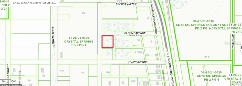 This is a map showing a highlighted parcel of land near Blount Avenue — PARTRIGDE BOULEVARD, ZEPHYRHILLS, FL