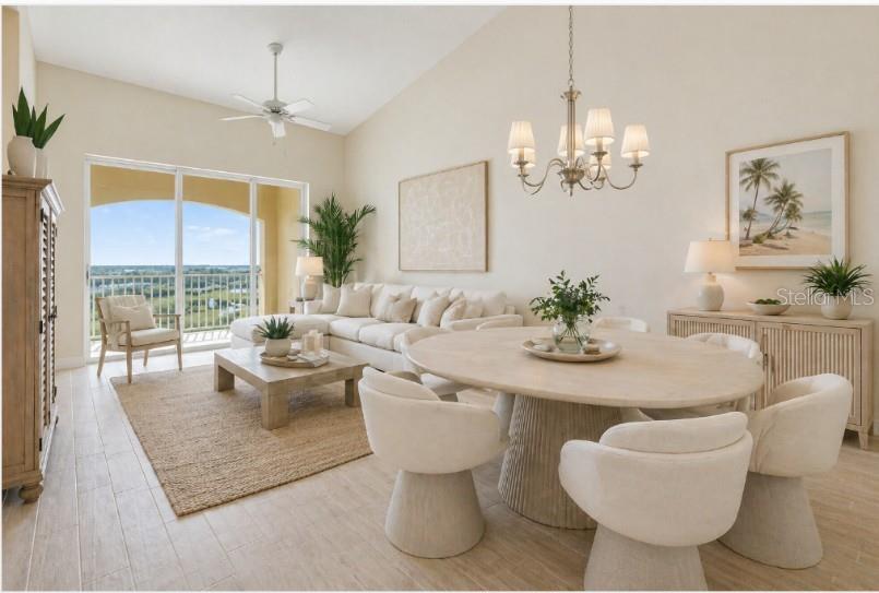 A bright, open-concept living and dining area features a neutral color palette and balcony views — 15 OCEAN CREST WAY UNIT 1342, PALM COAST, FL