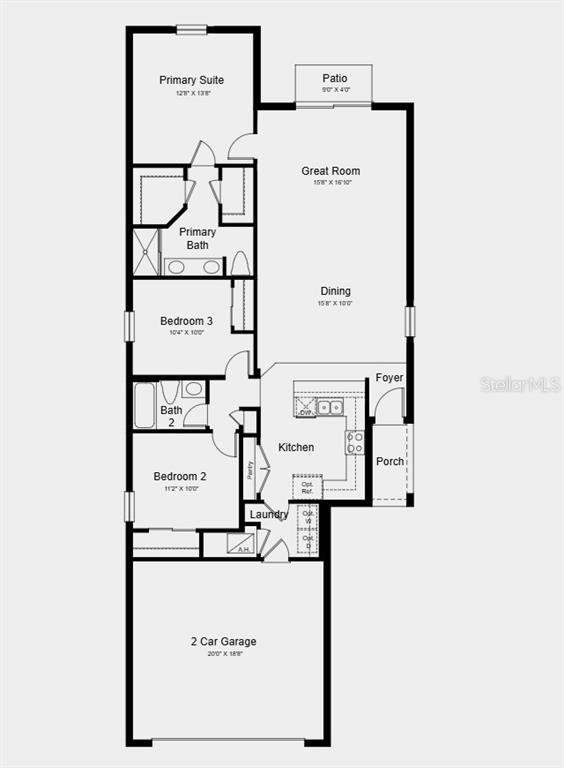 This is a floor plan for a single-story home featuring three bedrooms, two baths, and a garage — 13512 SAWMILL STREET, PARRISH, FL