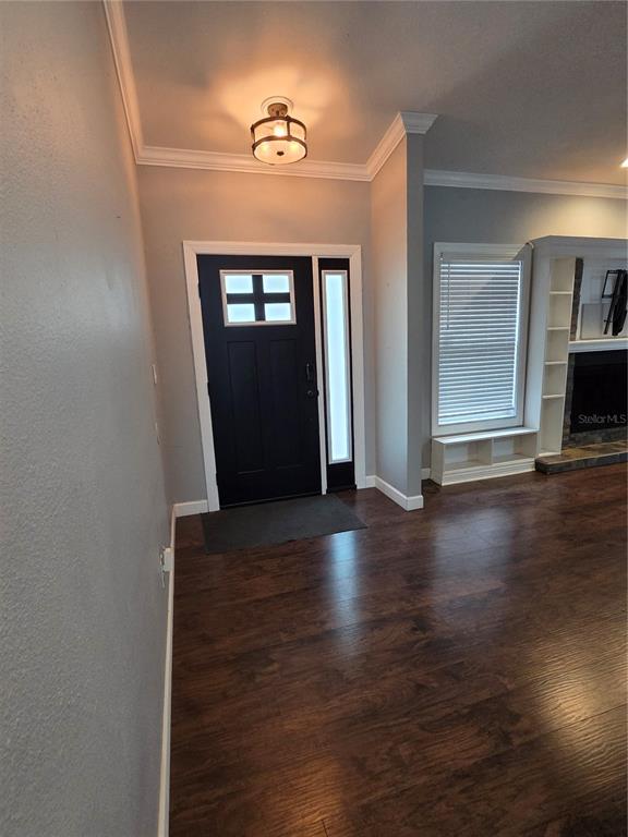 An entryway features a dark front door, hardwood floors, and a nearby fireplace with shelving — 1033 ROSETREE LANE, TARPON SPRINGS, FL