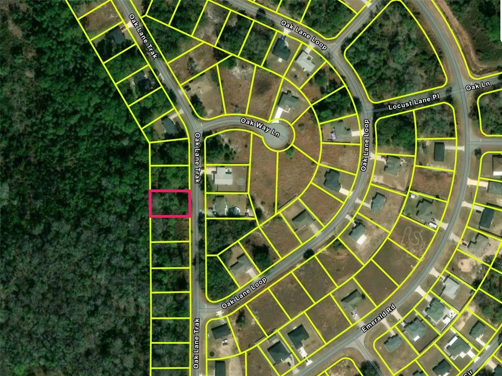 An aerial map view shows a highlighted vacant residential lot along Oak Lane Trak — TBD OAK LANE TRACK, OCALA, FL