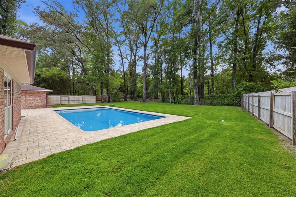 A backyard features a rectangular swimming pool, a paved patio, and a wooden privacy fence — 226 SW 80TH BOULEVARD, GAINESVILLE, FL