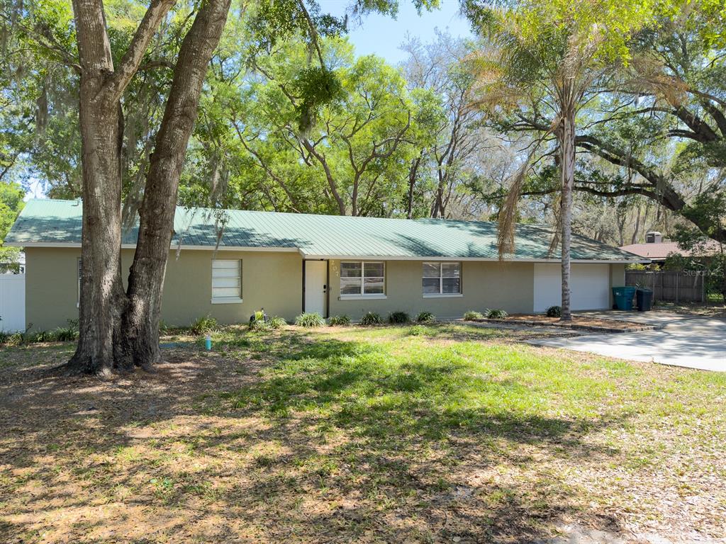 A single-story house with a green metal roof and a large front yard with trees — 207 MANDARIN LN, FRUITLAND PARK, FL