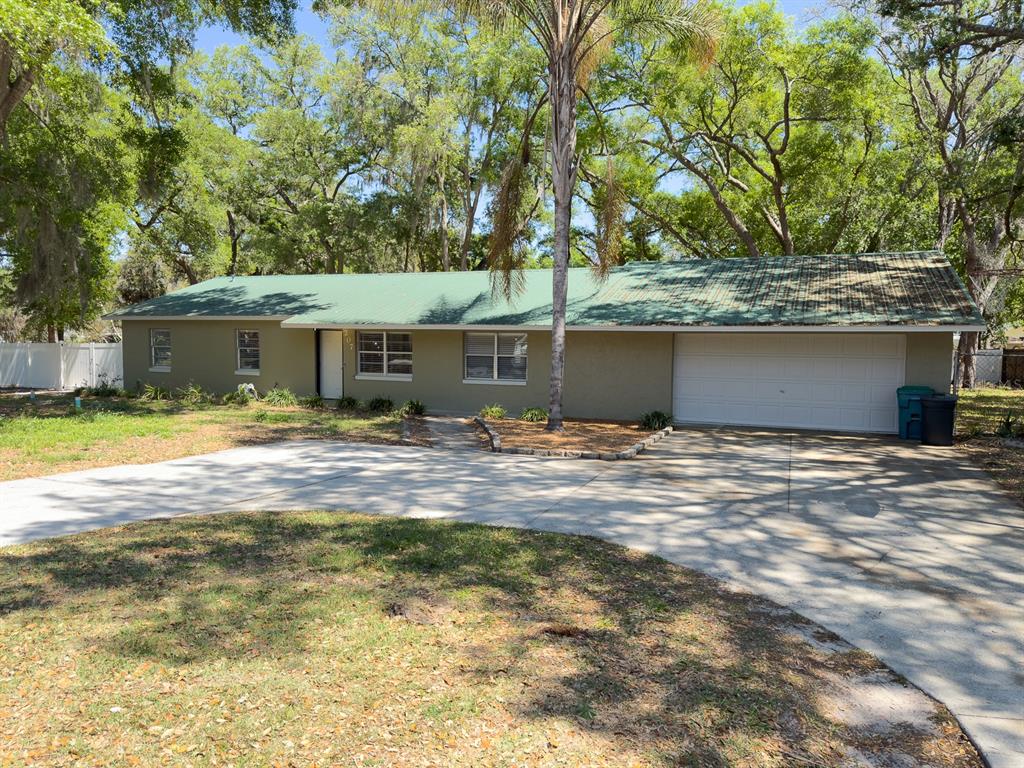 A single-story house with a green metal roof, olive-colored exterior, and an attached two-car garage — 207 MANDARIN LN, FRUITLAND PARK, FL