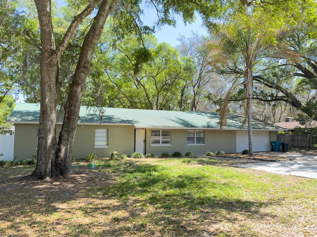 A single-story house with a green metal roof and a concrete driveway sits among trees — 207 MANDARIN LN, FRUITLAND PARK, FL