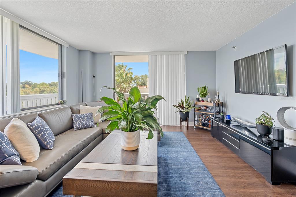 A living room features a gray sectional sofa, a wooden coffee table, and a television — 400 E COLONIAL DRIVE UNIT 207, ORLANDO, FL