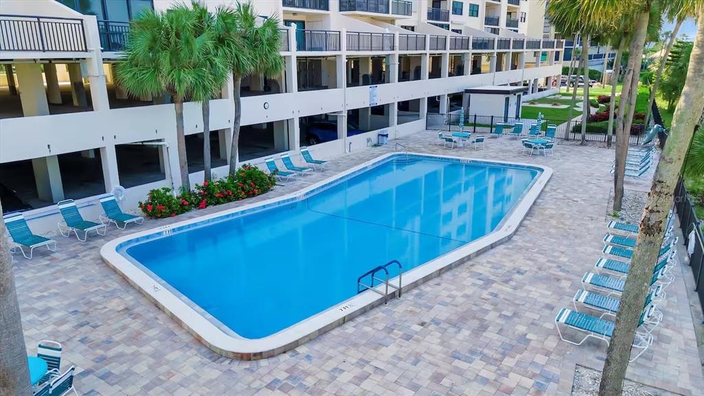 An outdoor rectangular swimming pool surrounded by lounge chairs and palm trees at a building — 1270 GULF BOULEVARD UNIT 701, CLEARWATER BEACH, FL