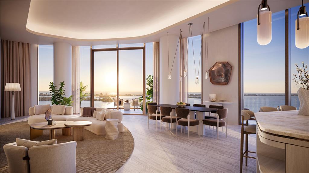 This rendering shows a modern open-concept living and dining area with floor-to-ceiling windows overlooking water — 1390 MAIN STREET UNIT 803, SARASOTA, FL
