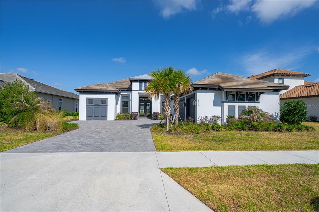 A modern single-story house with a gray paver driveway and a palm tree in front — 4866 FRECCIA LOOP, WESLEY CHAPEL, FL