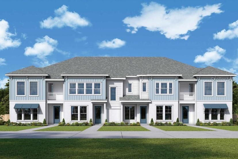 This is a digital rendering of a two-story multi-family building with light blue and white siding — 7203 TIDELAND LANE, SARASOTA, FL