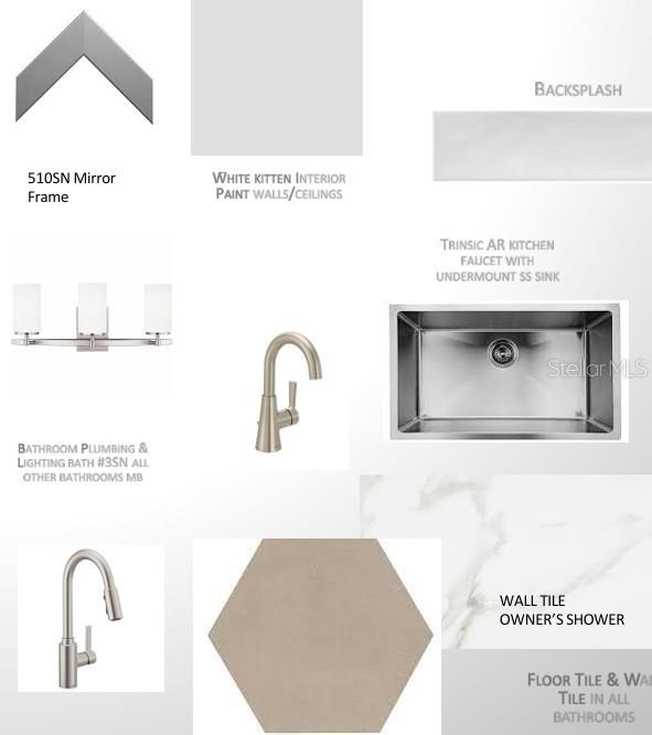 This is a design board showing interior finishes, fixtures, and materials for a home — 7203 TIDELAND LANE, SARASOTA, FL