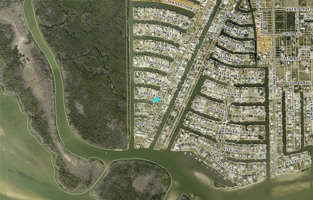 This is an aerial map showing a residential neighborhood with canal-front properties and streets — 3881 ARECA DRIVE, ST JAMES CITY, FL