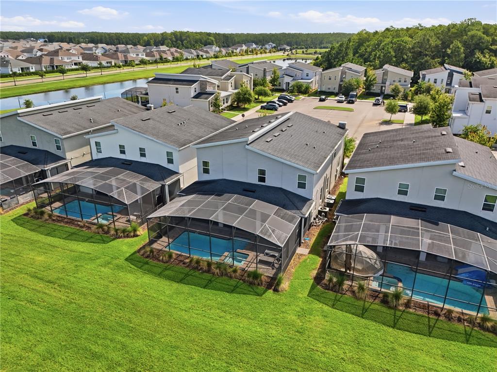 An aerial view shows three houses with screened-in pools overlooking a grassy lawn and pond — 2874 STANZA COURT, KISSIMMEE, FL