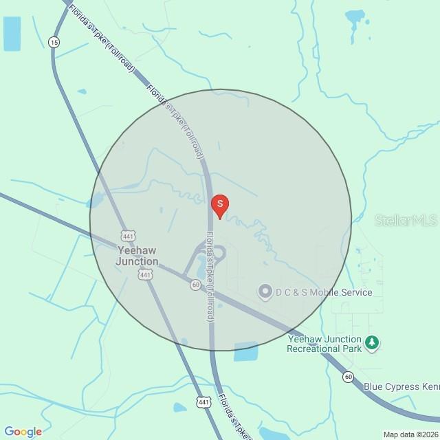 This is a map showing a location marker within a circular radius near Yeehaw Junction — 0 PALM AVENUE, OKEECHOBEE, FL