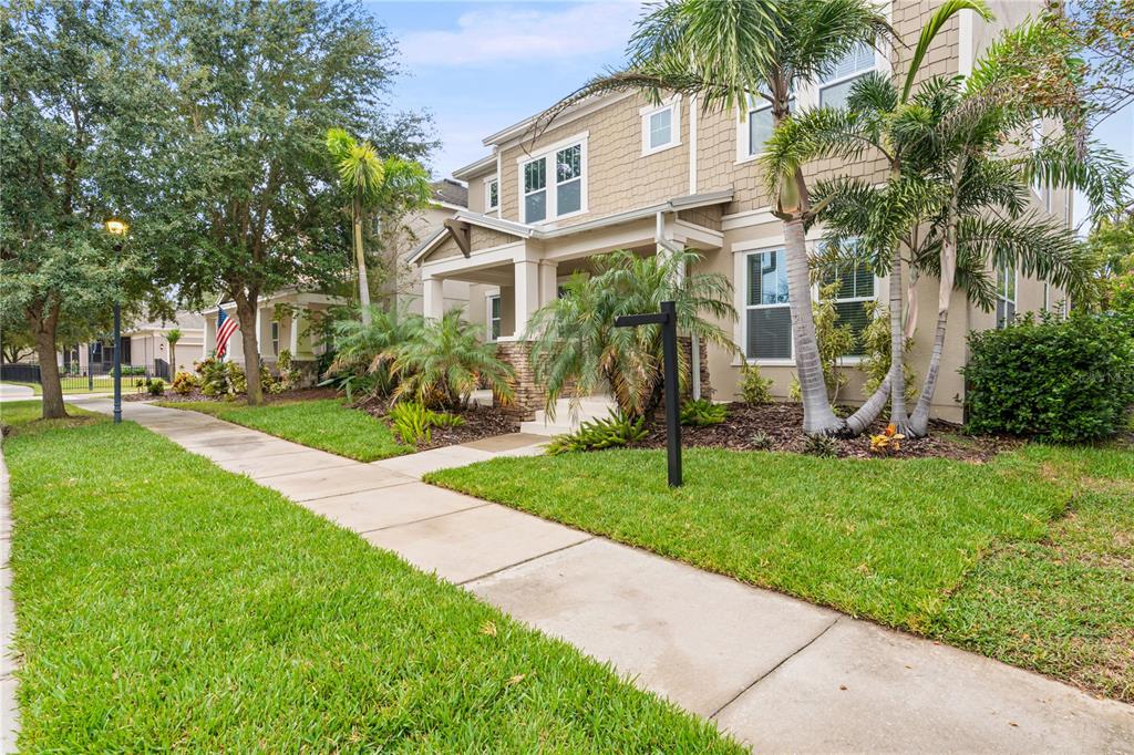 A tan two-story house with a covered porch, palm trees, and a concrete sidewalk — 5955 CALDERA RIDGE DRIVE, LITHIA, FL