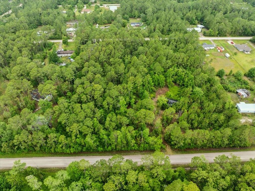 An aerial view shows a wooded, undeveloped lot situated next to a paved road — 1756 HAZELNUT STREET, BUNNELL, FL