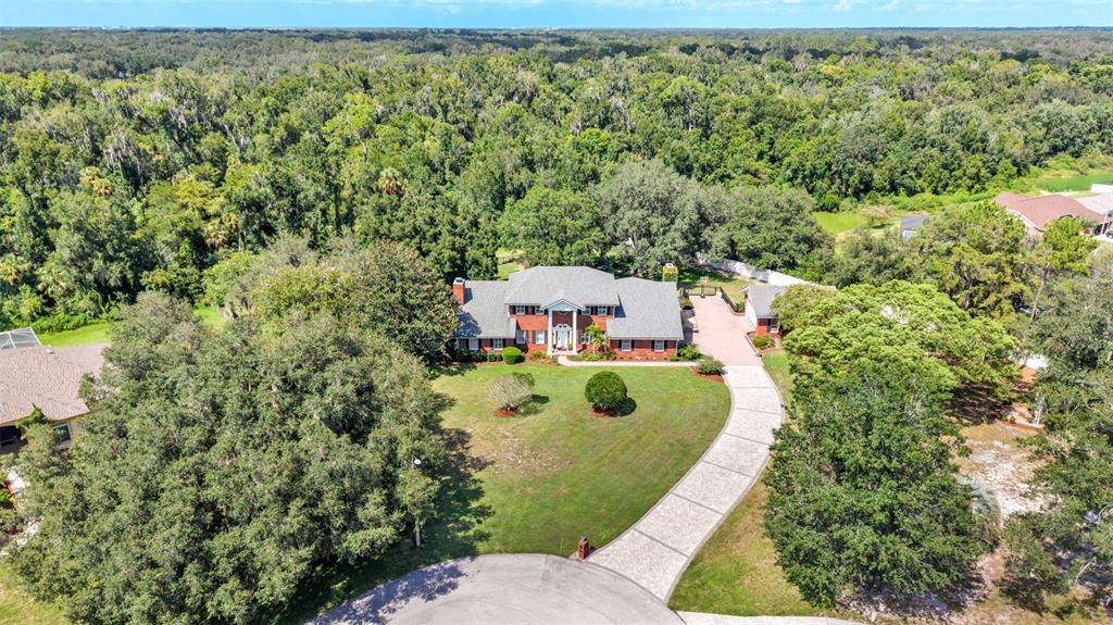 An aerial view shows a two-story brick house with a long driveway and surrounding trees — 6605 POLEY CREEK DRIVE W, LAKELAND, FL
