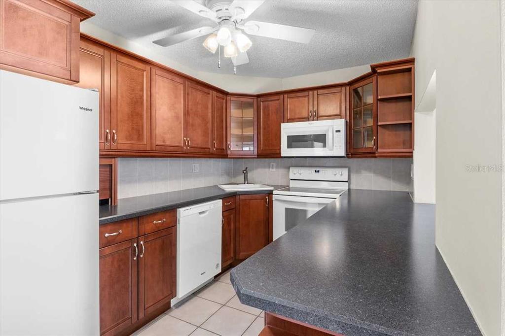 A kitchen features wood cabinets, white appliances, a dark countertop, and a ceiling fan — 1127 PINE RIDGE CIRCLE W UNIT A2, TARPON SPRINGS, FL