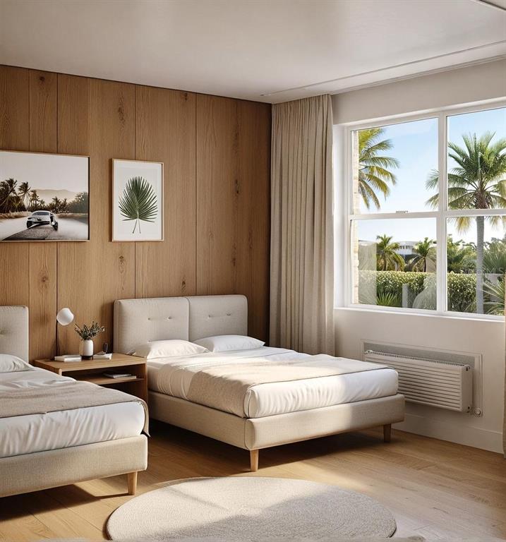 This rendering shows a bedroom with two beds, wood-paneled walls, and a large window — 34 GREEN CIRCLE UNIT 101, PALM COAST, FL