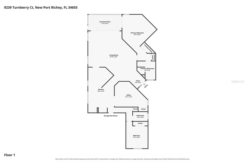 This is a floor plan for a single-story home with two bedrooms and an office — 9239 TURNBERRY COURT, NEW PORT RICHEY, FL