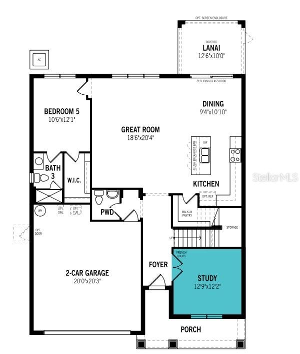 This floor plan shows the first level of a house featuring a garage, study, and kitchen — 34897 FLOWER PATCH DRIVE, DADE CITY, FL