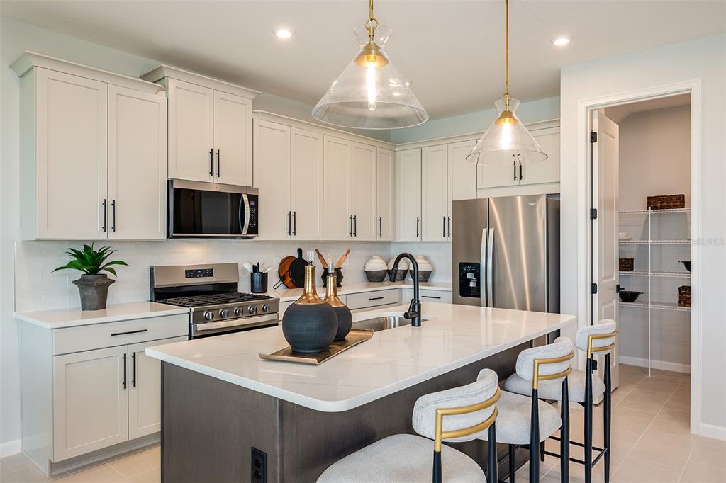 A modern kitchen features light cabinetry, a dark island with bar seating, and stainless appliances — 34897 FLOWER PATCH DRIVE, DADE CITY, FL