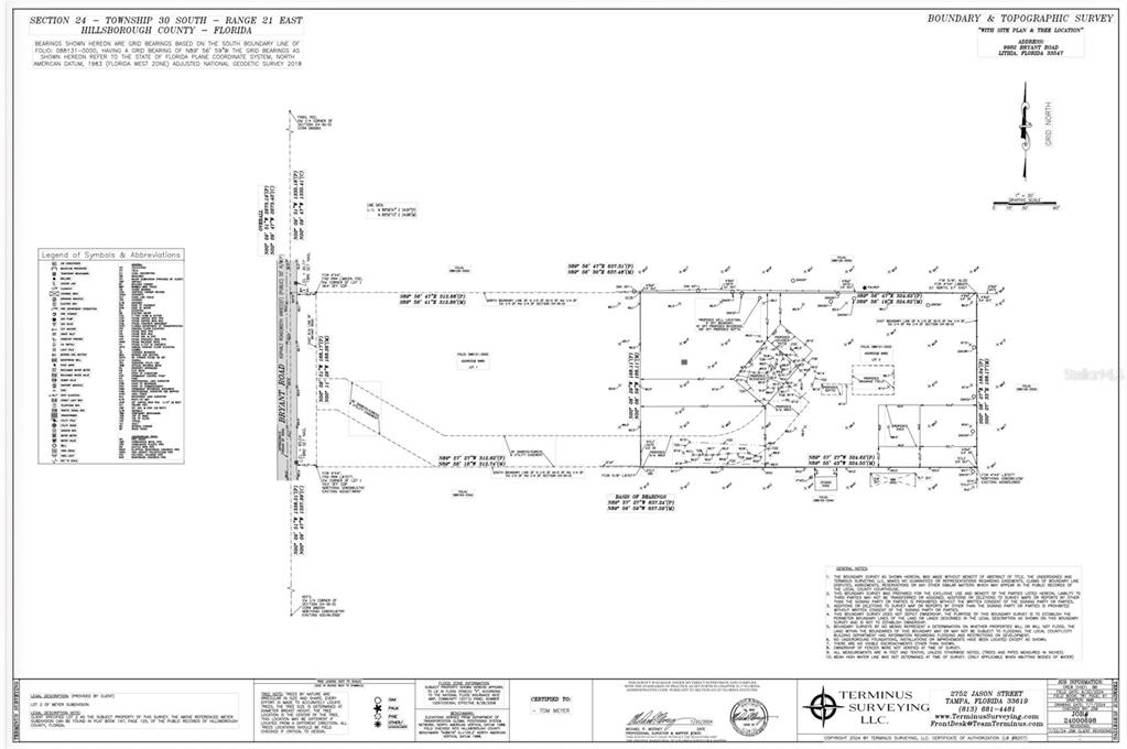 This is a boundary and topographic survey map of a property in Hillsborough County, Florida — 9988 BRYANT ROAD, LITHIA, FL
