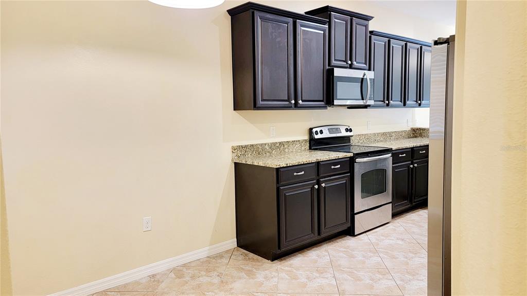 A kitchen features dark wood cabinets, granite countertops, and stainless steel appliances over tiled flooring — 9540 TRUMPET VINE LOOP, TRINITY, FL