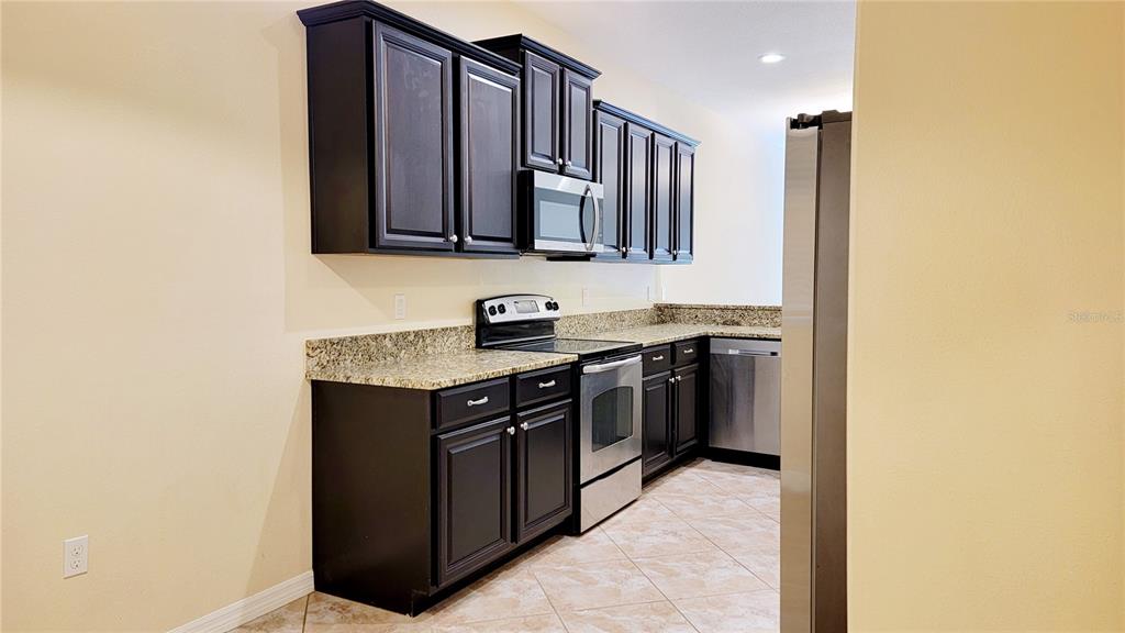 A kitchen features dark wood cabinets, granite countertops, and stainless steel appliances — 9540 TRUMPET VINE LOOP, TRINITY, FL